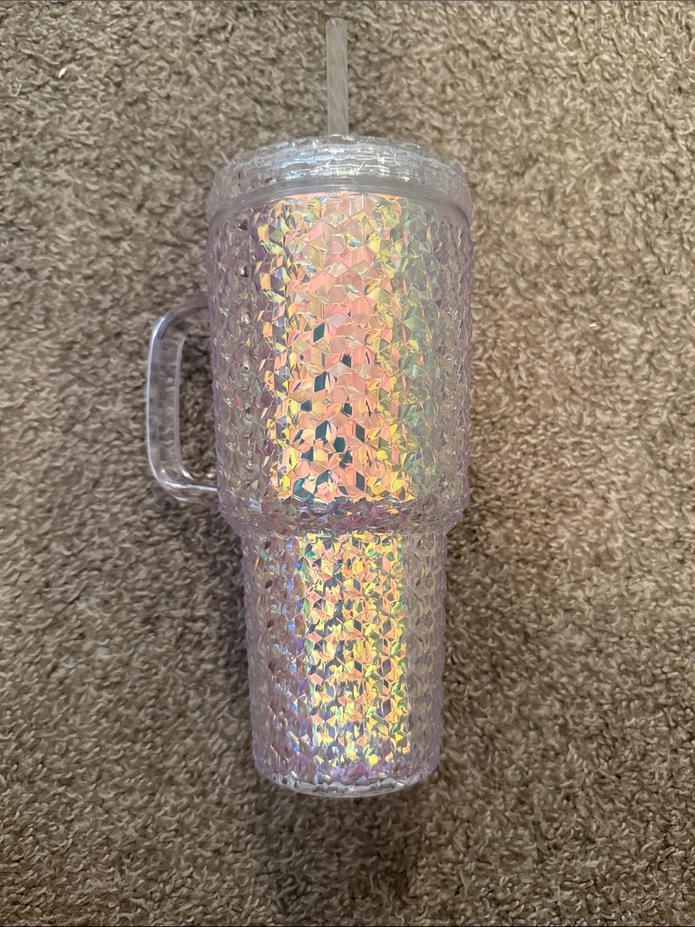Iridescent Pink Textured Travel Tumbler with Handle